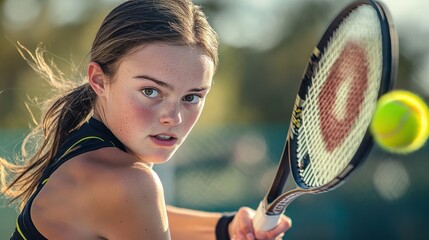 Wall Mural - A young athlete prepares to hit a tennis ball with focus and determination.