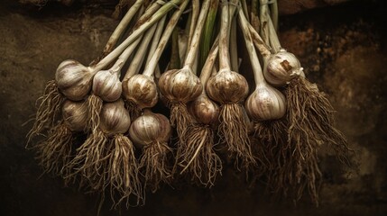 Aufkleber - A high-resolution image of garlic bulbs hanging in a bunch, with their roots and stems still attached, drying in a rustic kitchen or storage area.