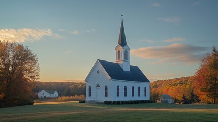 Canvas Print - A serene white church stands amidst a colorful autumn landscape at sunset.