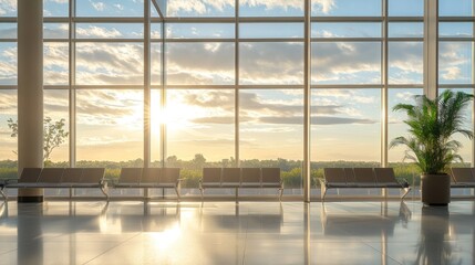 Wall Mural - A serene airport terminal with large windows showcasing a sunset and comfortable seating.