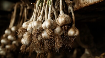 Aufkleber - A high-resolution image of garlic bulbs hanging in a bunch, with their roots and stems still attached, drying in a rustic kitchen or storage area.