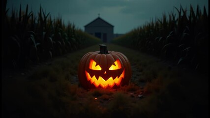 Wall Mural - A glowing Jack-o'-lantern with a carved, menacing face, placed in an eerie cornfield setting