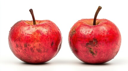 Wall Mural - Two red apples, one shiny and fresh, the other with blemishes, highlighting fruit quality.