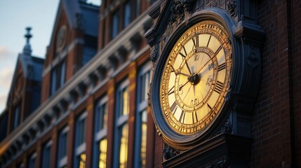 Sticker - A close-up of an ornate clock on a brick building, reflecting warm light at dusk.