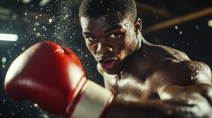 Sticker - A focused boxer delivering a punch in a training environment, showcasing athleticism and intensity.