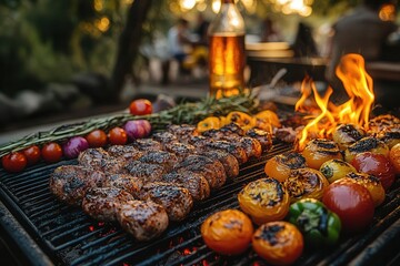 lively outdoor barbecue scene sizzling grill with colorful vegetables and juicy meats warm evening light