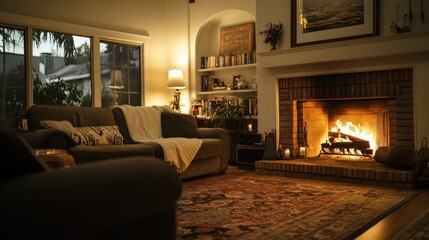 Wall Mural - Cozy living room with a warm fireplace, inviting ambiance, and soft furnishings.