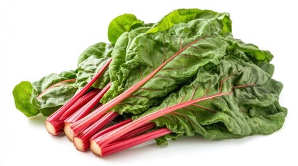 A bunch of fresh Swiss chard with vibrant green leaves and red stems.