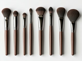 A set of professional makeup brushes on a clean, white background.