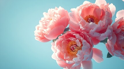 Poster - Pink peony flowers flying to beautiful bouquet on light blue background : Generative AI