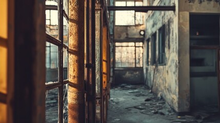 Sticker - An abandoned industrial space with broken windows and debris scattered on the floor.