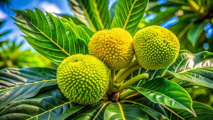 Vibrant, delicate, and intricately patterned breadfruit flowers bloom on a tree, offering a pop of bright green and yellow hues against a soft, natural background.