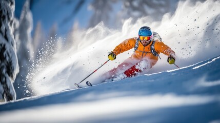 Poster - A skier carving through fresh snow in a mountainous landscape.