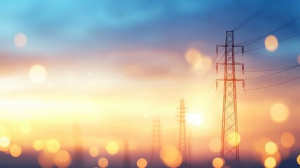 A stunning sunset with electric pylons silhouetted against a colorful sky, creating a serene atmosphere with glowing bokeh effects.