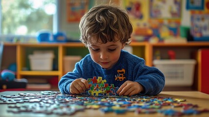 Poster - A child focuses on assembling colorful puzzle pieces on a table in a playful learning environment.