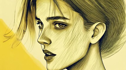 Poster - Yellow and Black Portrait of a Woman Gazing Thoughtfully to the Side Generative AI