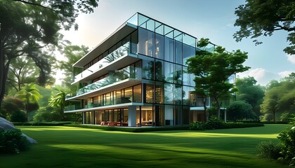 Canvas Print - Modern luxury condominiums blending urban elegance with lush park surroundings in a harmonious living space