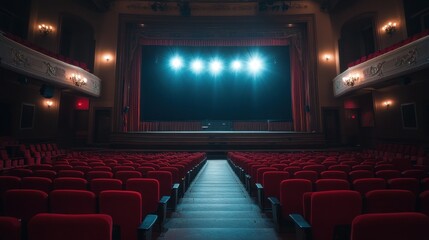 Wall Mural - A theater stage illuminated by bright lights, with empty red seats facing the performance area.