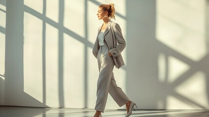 Wall Mural - A stylish woman walking in a gray and white outfit within a studio setting : Generative AI