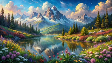 Vibrant, expressive brushstrokes capture serene landscapes of misty mountains, tranquil lakes, and blooming wildflowers in a collection of stunning, highly textured,