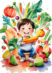 Wall Mural - Kids eating healthy breakfast in vegetables and fruits illustration. Vector Illustration Of Food Concept Design. watercolor style