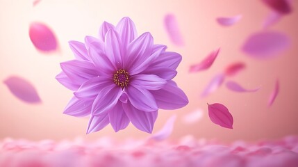 Poster - Beautiful fresh purple Dahlia flower falling in the air isolated on pink background Levitation or zero gravity conception High resolution image : Generative AI