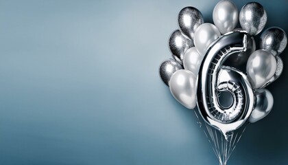 Banner with number 6 silver balloons with copy space