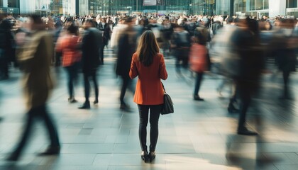 Businesswoman Standing In A Busy Street Surrounded By Mobile Phone Users, Holding A Hand Bag Amongst The Crowd.