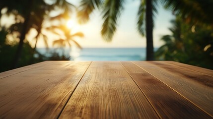 Canvas Print - A serene wooden table overlooking a tropical beach at sunset, evoking relaxation and escape.