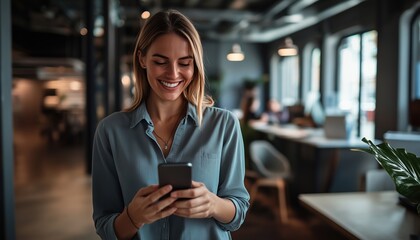 Happy Businesswoman In Office Connecting With Colleagues On Phone: Small Business Owner Engaged In Communication With A Smile