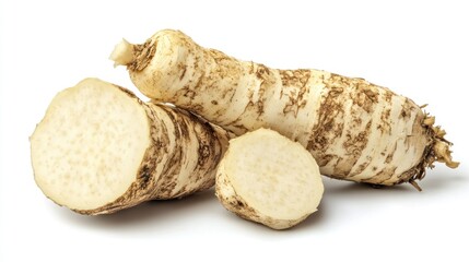 Canvas Print - A fresh horseradish root, sliced to reveal its white interior, ready for culinary use.