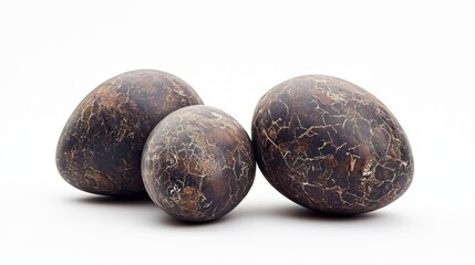 Canvas Print - Three textured, dark-colored eggs arranged artistically on a white background.