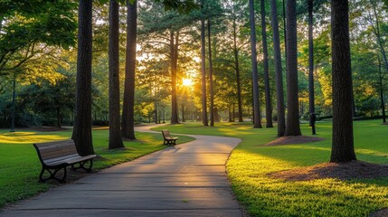 Poster - A serene park pathway illuminated by sunset, surrounded by tall trees and benches.