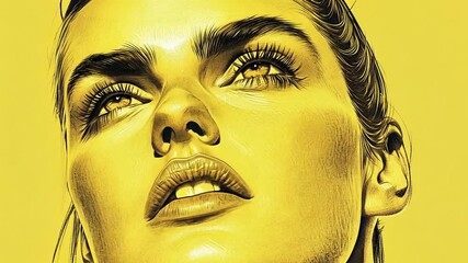 Poster - Bright Yellow Portrait of a Woman Gazing Upward in Contemporary Style Generative AI