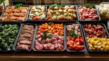 photo of flat lay food menu with various flat issue meat foods Top view on a buffet with a wide variety of healthy healthy food : Generative AI