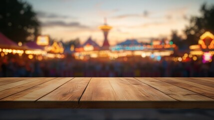 Sticker - A wooden table in the foreground with a blurred carnival scene in the background.