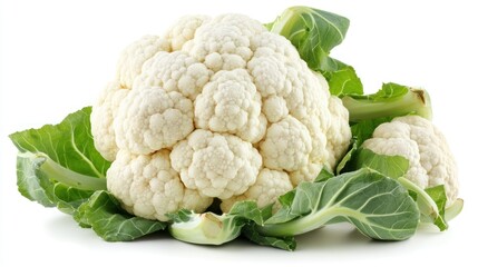 A fresh cauliflower with green leaves, showcasing its texture and natural form.