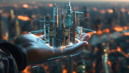 Wall Mural - Futuristic vision of urban development showcasing a holographic skyscraper held in hand, representing advanced technology and AI generation.