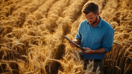 Fototapete - Farmer using tablet in wheat field View from above of a farmer in blue shirt using a tablet in a young wheat fieldHigh quality photo : Generative AI