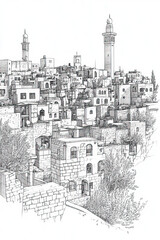 Hebron, West Bank, black and white pen pencil hand-drawn effect portrait drawing illustration for travel poster, card, wallpaper, backdrop or banner. Modern, clear, artistic and simple