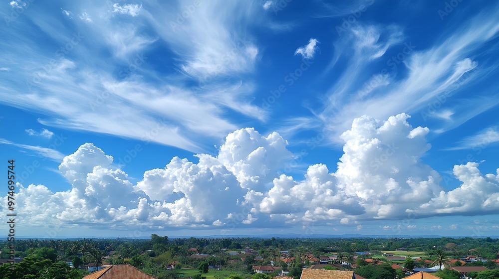 Beautiful view of bright blue sky with thick and thin white clouds ...