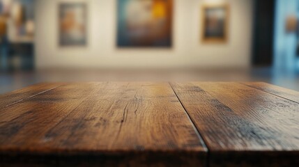 Wall Mural - A wooden tabletop in an art gallery, with blurred paintings in the background.