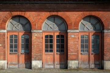 Canvas Print - Three arched wooden doors with glass panels set in a red brick wall.