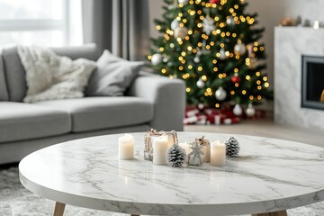 Modern light marble table in a cozy living room with a Christmas tree and festive decorations