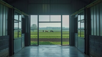 Canvas Print - Barn View with Cows Grazing in the Field