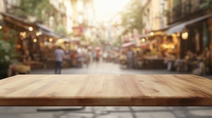 Poster - A wooden table in the foreground with a blurred street market scene in the background.