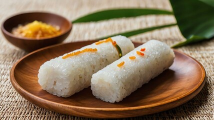 leonardo kino xl suman filipino kakanin traditional rice cakes served aesthetically in a wooden plate and table