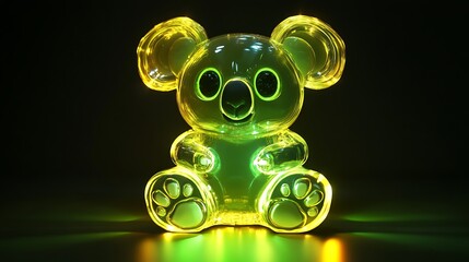 Wall Mural - Glowing Glass Koala Emoji with Soft Green and Yellow Lights in the Dark