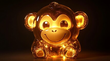 Wall Mural - Glowing Glass Monkey Emoji with Brown and Golden Lights | Cute Monkey Emoji Decoration in Dark