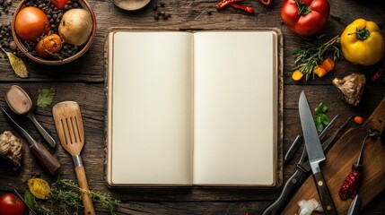 A blank recipe book surrounded by fresh ingredients and cooking tools.